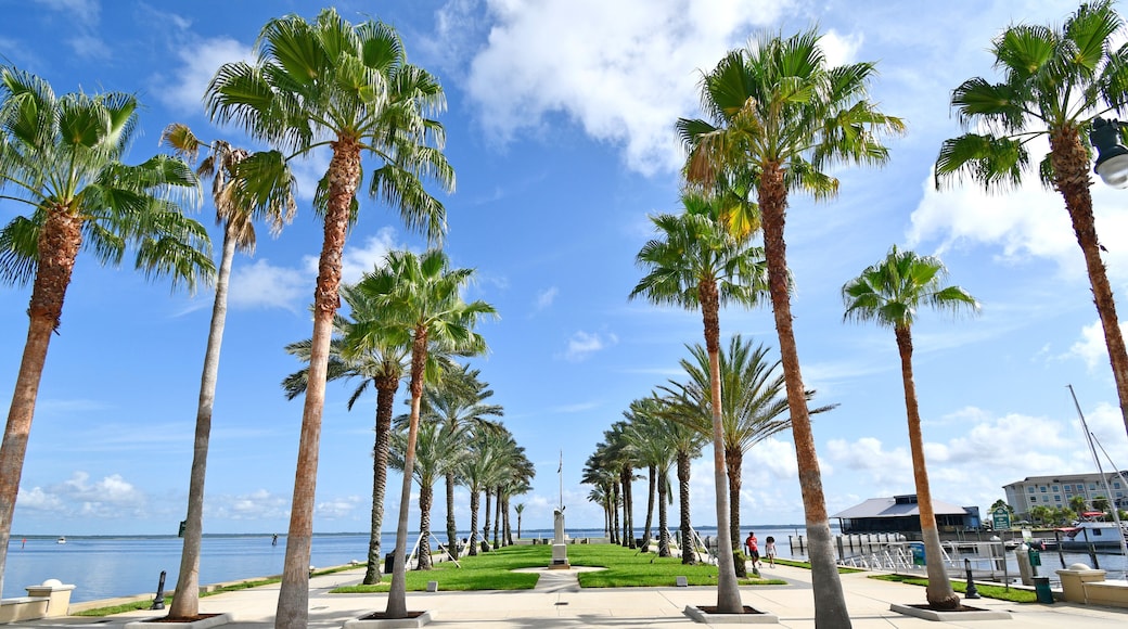 Waterfront Park with palm trees along the Sanford riverwalk near downtown Sanford, Florida.