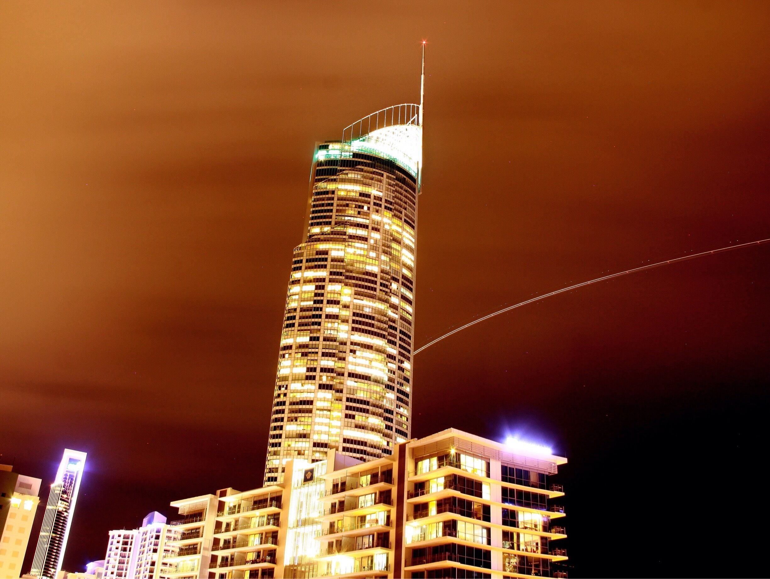 Beautiful Q1 resort is so pretty , I love capturing it night and day, I watched it get built from the start . The top is a view point you can visit on the 77th floor 