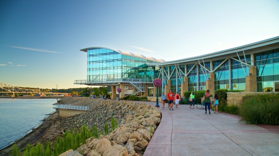 Dubuque showing modern architecture, a sunset and a bridge