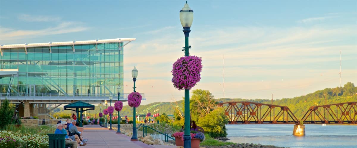Dubuque showing flowers, a river or creek and modern architecture