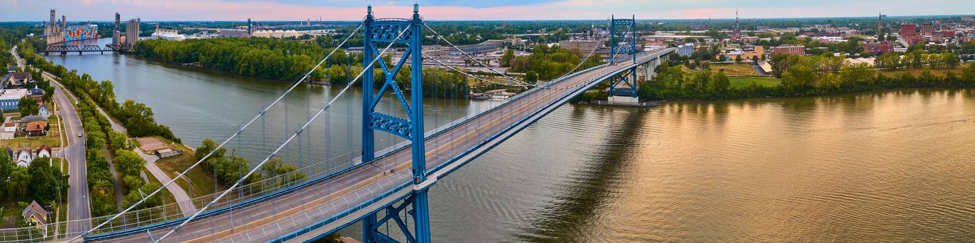 Aerial Panorama of Anthony Wayne Bridge Over Maumee River at Golden Hour