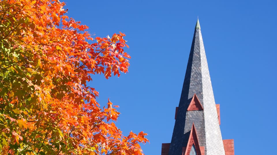 A church steeple with a pointed roof and brickwork, surrounded by autumn foliage.