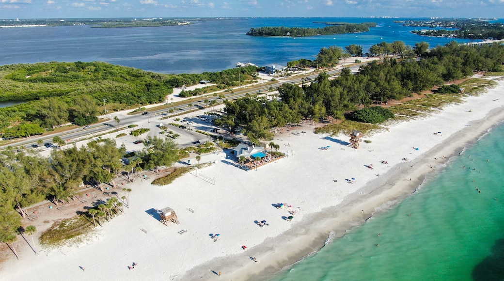 Una spiaggia costiera con acque cristalline turchesi, una riva sabbiosa e una strada che corre parallelamente alla spiaggia.