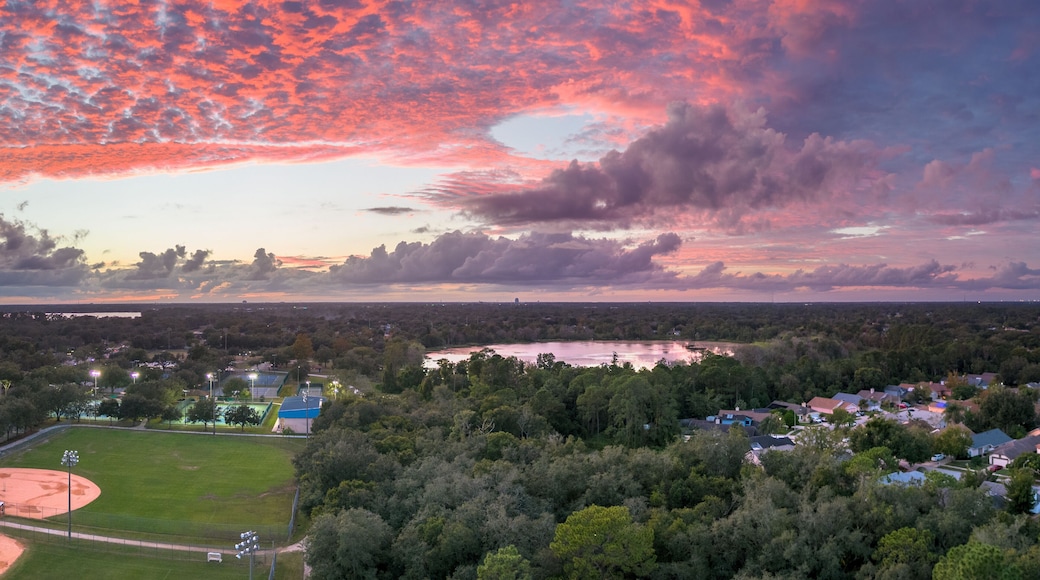 Aerial panoramic view of Red Bug Lake, Casselberry, Florida. October 29, 2022. High Dynamic Range (HDR) photo with natural sky color.