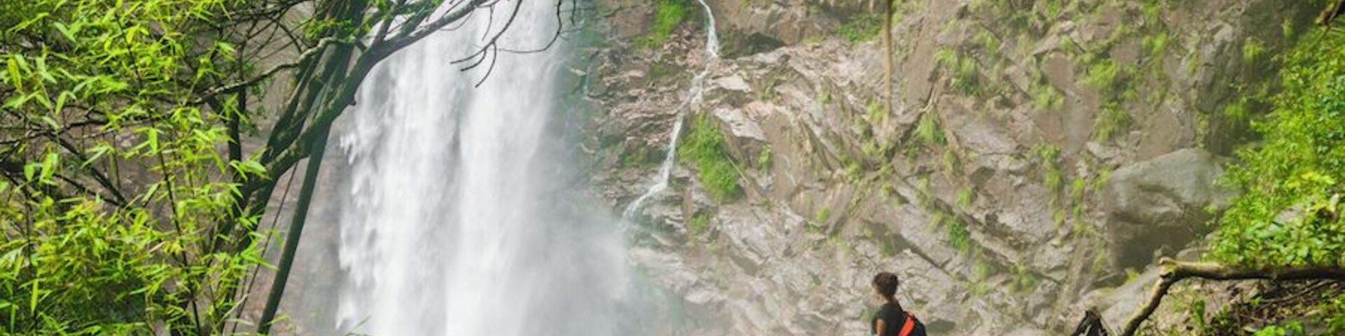 Uma cascata despenca por um penhasco rochoso, cercada por vegetação exuberante.