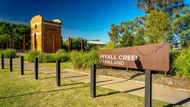 Historical landmark in Myall Creek parkland, Dalby, QLD, Australia