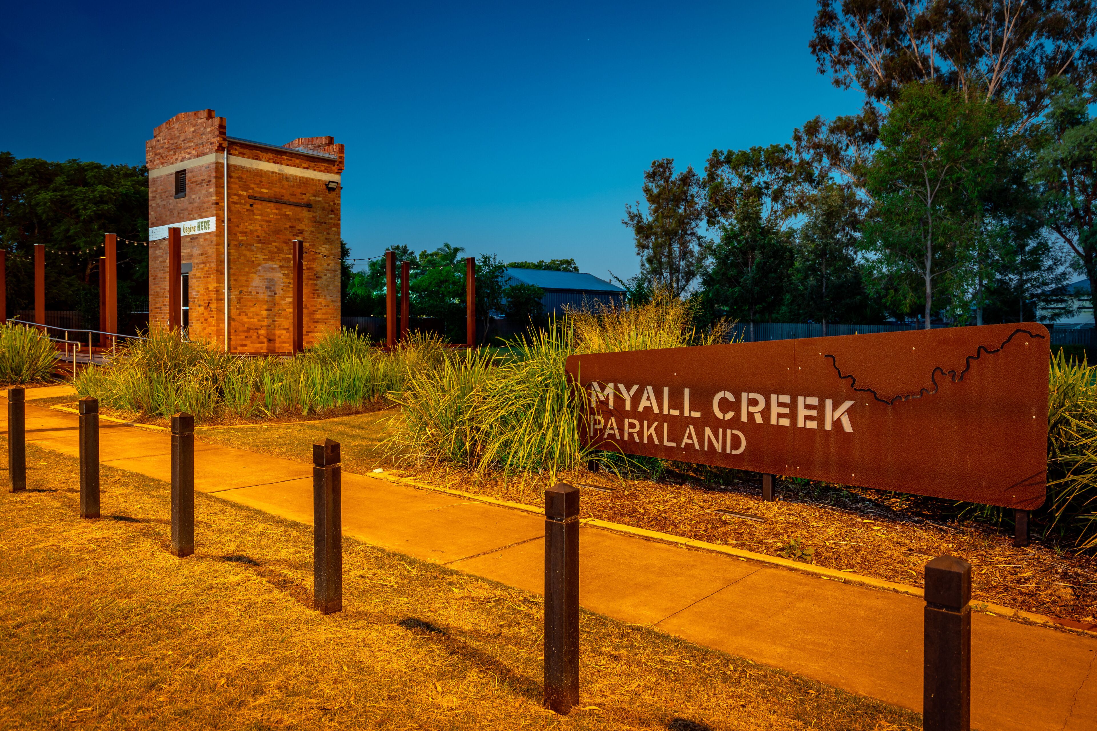 Historical landmark in Myall Creek parkland, Dalby, QLD, Australia 