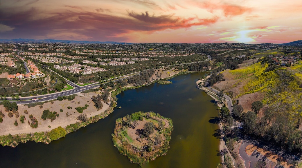 a breathtaking aerial panoramic shot of the vast green lake water and majestic mountain ranges filled with yellow flowers and luxury homes at Laguna Niguel Regional Park in Laguna Niguel California