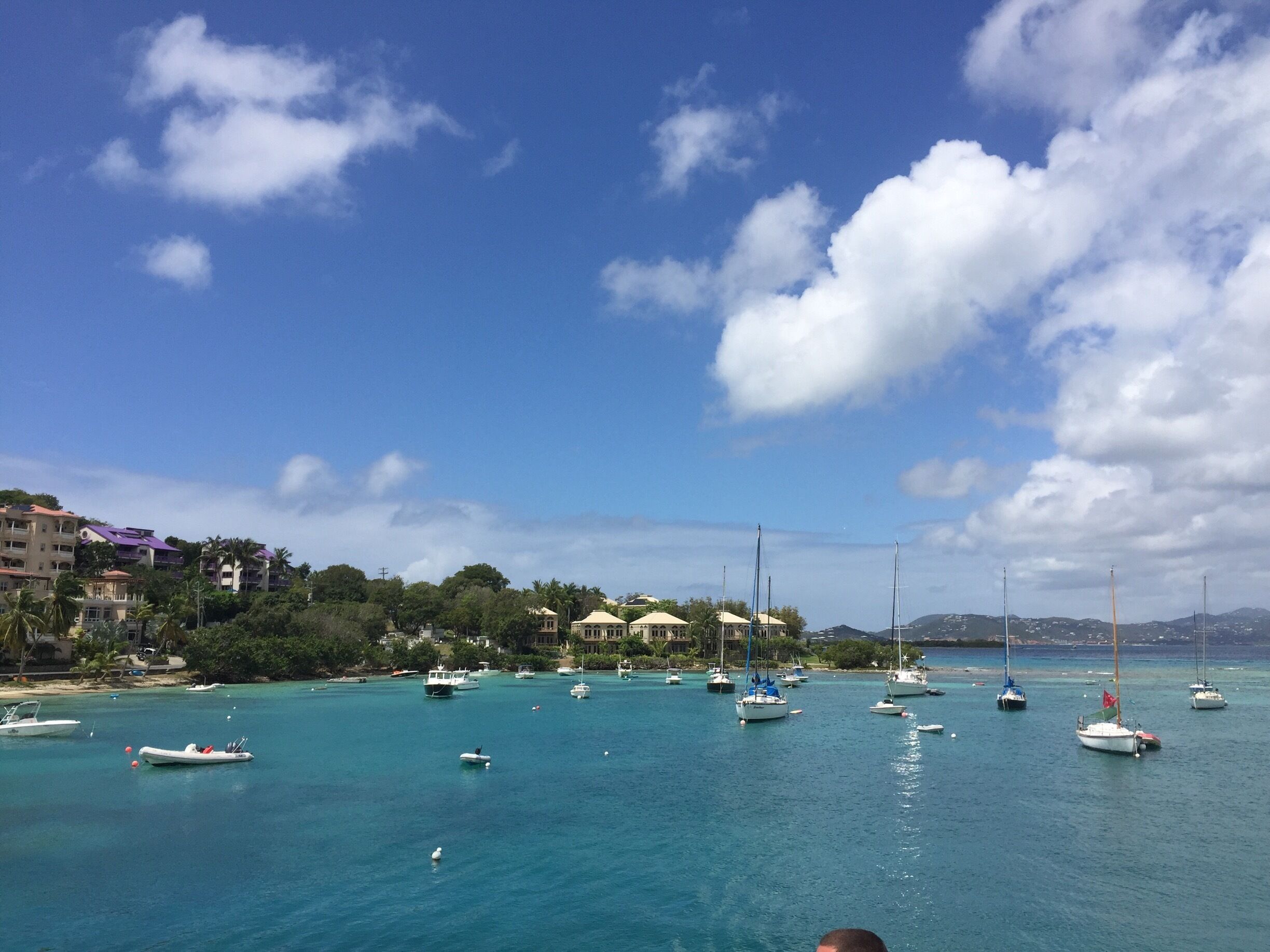 A coastal town with clear turquoise waters, numerous sailboats, and buildings with purple roofs.