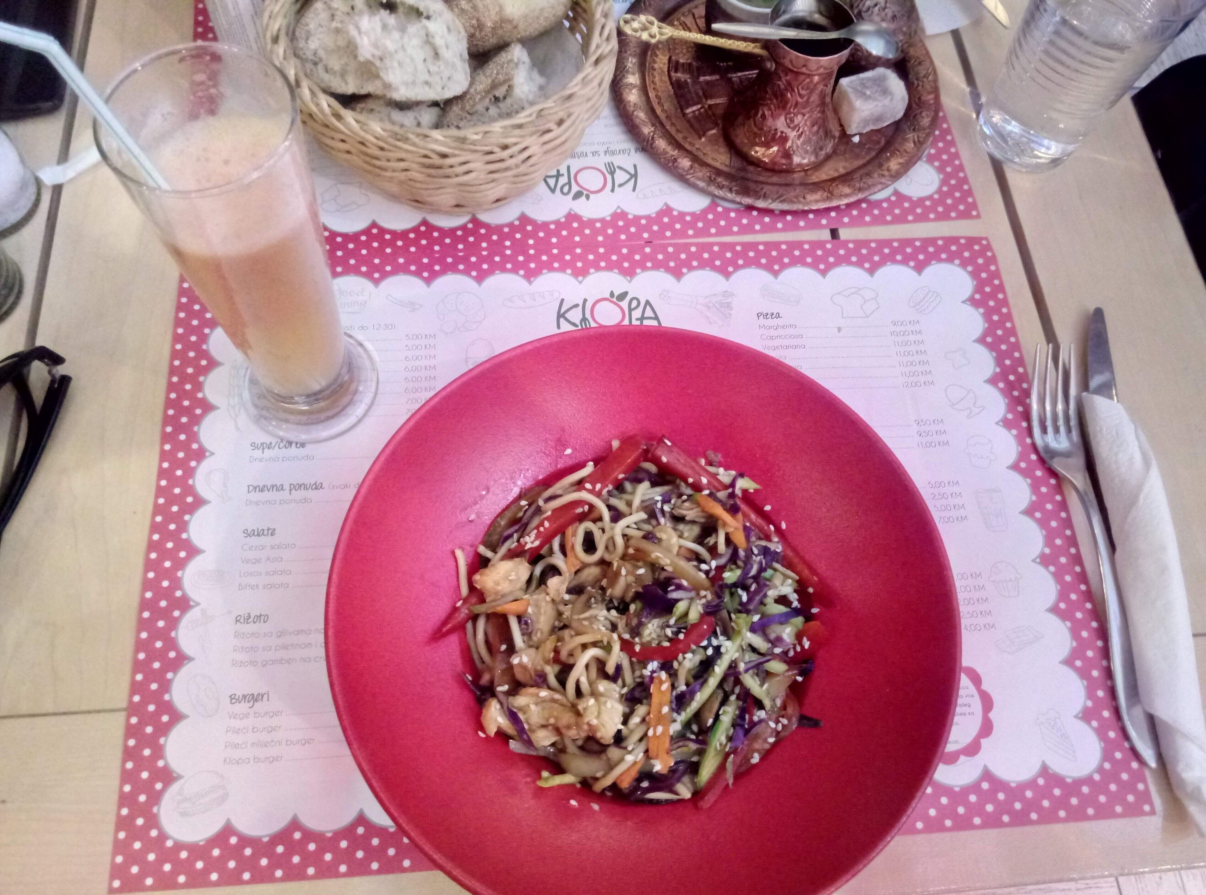 Great restaurant situated in the main touristy and pedestrian street, in the center of Sarajevo.
This is my favorite dish here - chicken wok with fresh squazeed fruit juice.
Here you can also try Bosnian coffee.