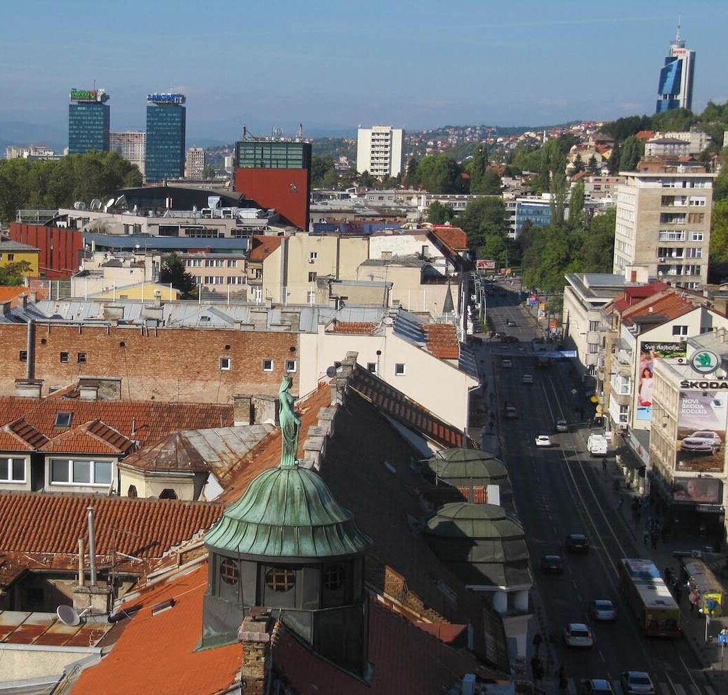 Best viewpoint of main core of Sarajevo from the terrace of caffee in Hotel Hecco Deluxe.
From there you can see statue of Katarina Kosaca, last Bosnian Queen 
Read more about this influential woman and her life on my blog
https://www.wildinthebalkans.com/bosnian-kingdom-katarina-kosaca-the-last-bosnian-queen/

#wildinthebalkans #travel #sarajevo #visitbosnia #bosniankingdom