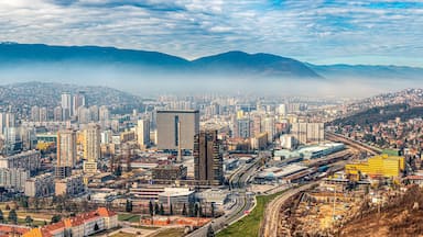 Sarajevo's breathtaking aerial panorama reveals the stunning beauty of Bosnia and Herzegovina's mountainous landscape, making it a must-visit destination for travelers.
