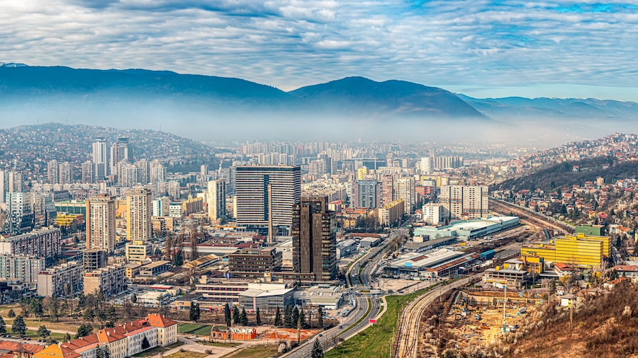 Sarajevo's breathtaking aerial panorama reveals the stunning beauty of Bosnia and Herzegovina's mountainous landscape, making it a must-visit destination for travelers.