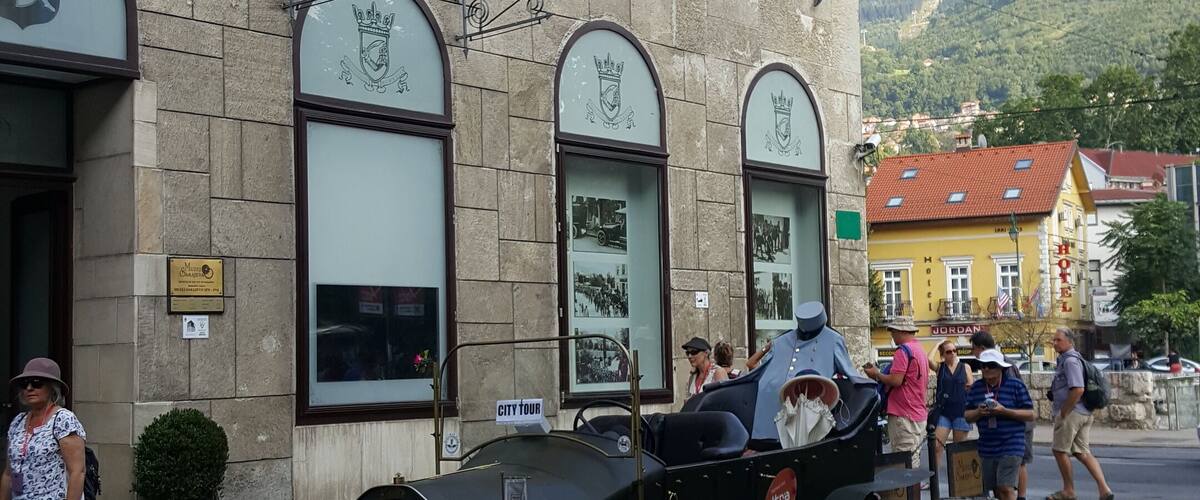 This was the site were Archduke Franz Ferdinand was assassinated. He was riding in a car, similar to the one outside the museum, with his wife Sophie, when he was shot. This marked the start of WWI.
Currently, the museum exhibits items from the Austro-Hungarian period. 
  -2018