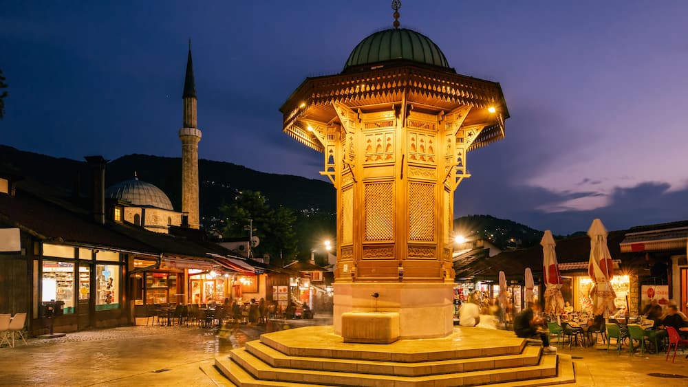 Bascarsija square with Sebilj wooden fountain in Old Town Sarajevo, BiH