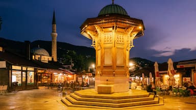 Bascarsija square with Sebilj wooden fountain in Old Town Sarajevo, BiH