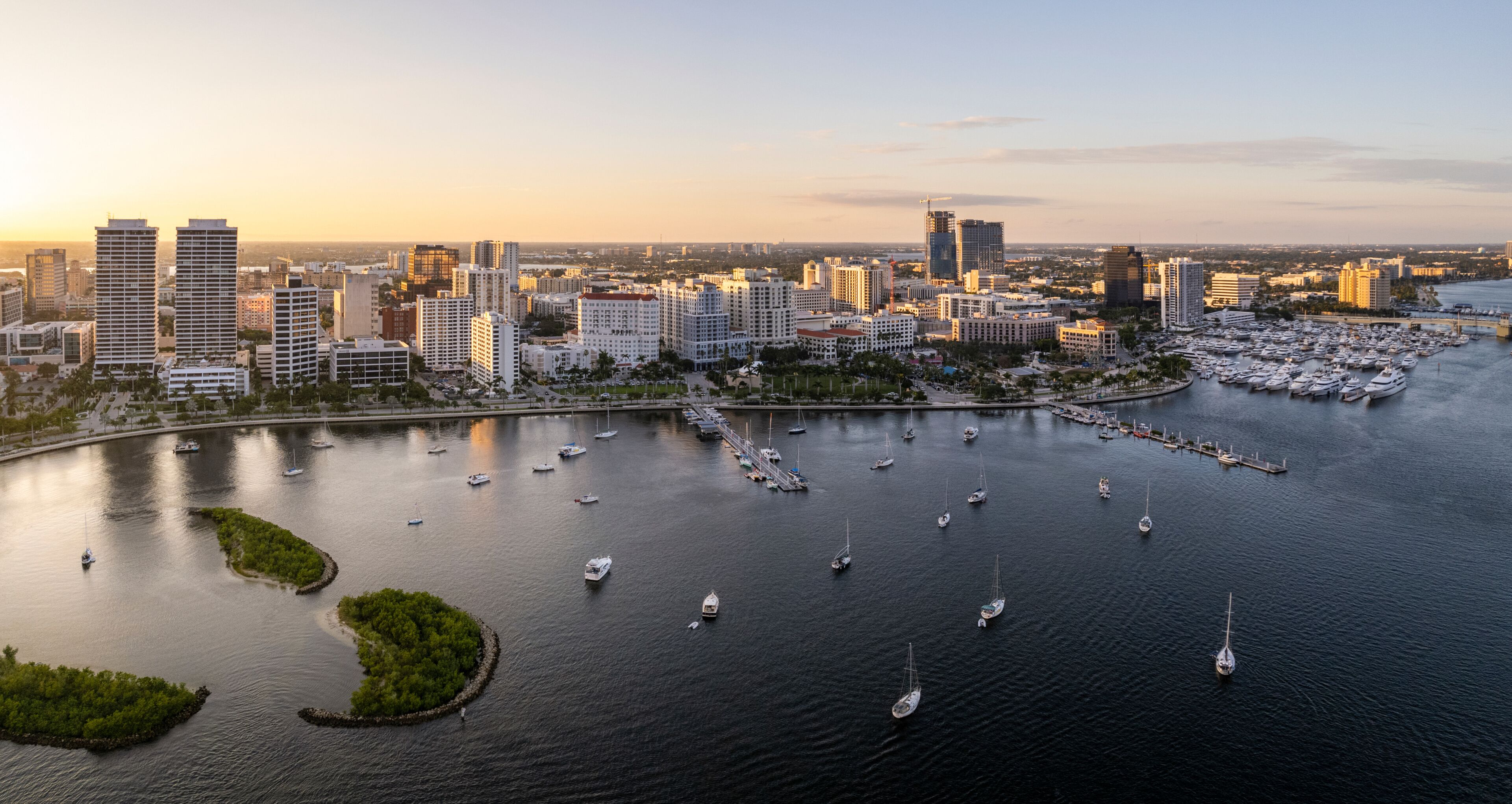 Aerial view of Palm Beach at sunset, West Palm Beach Public Dock, Florida, United States.