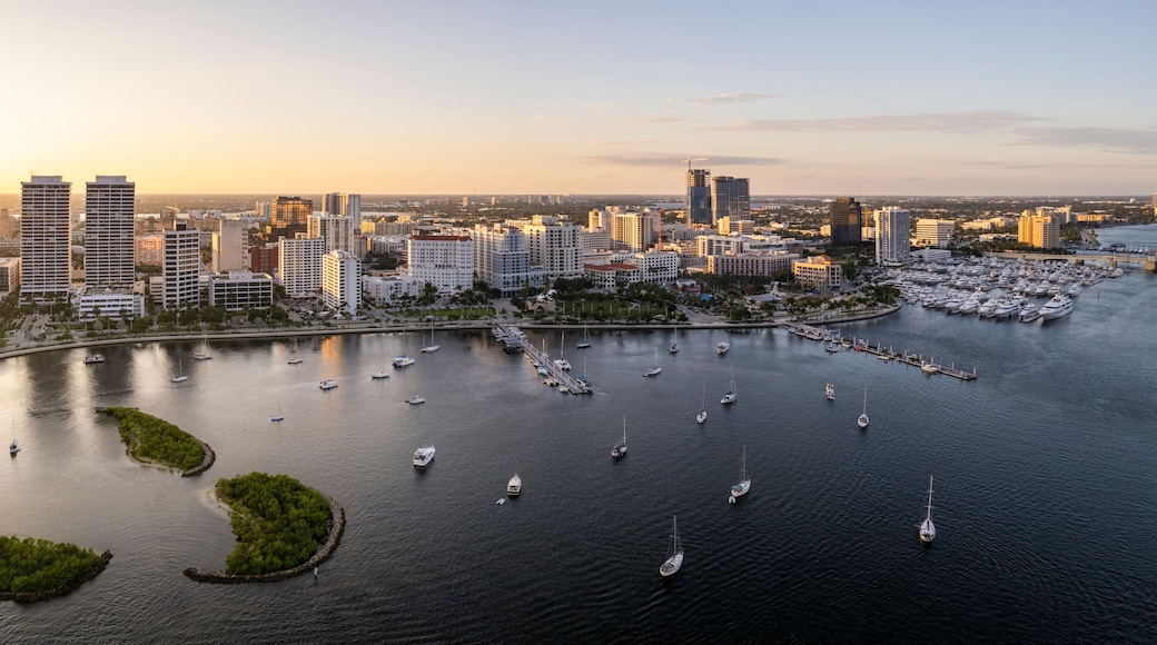 Aerial view of Palm Beach at sunset, West Palm Beach Public Dock, Florida, United States.