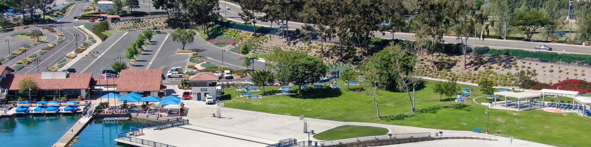 Aerial view of Lake Mission Viejo, with recreational facilities and beach Playa Del Norte. Orange County, California, USA