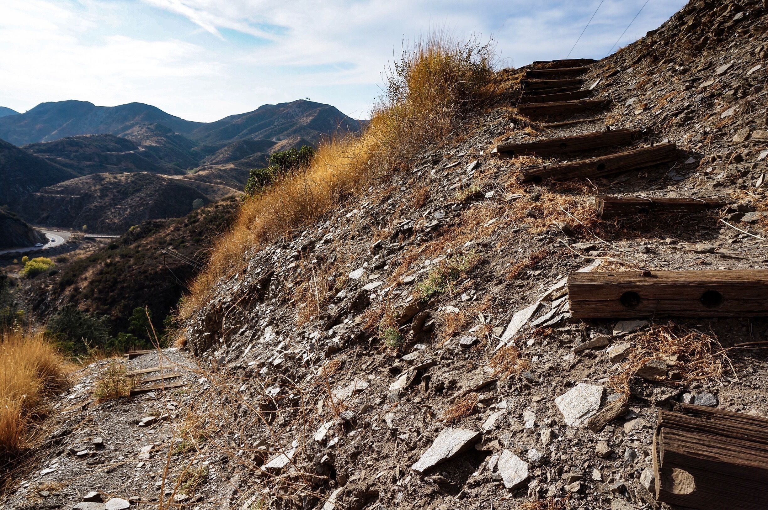 A cool railroad tie staircase that leads up behind the San Francisquito Canyon Water Plant. It connects with Drinkwater Canyon Trail and eventually to the PCT. there’s also a lake reservoir up there.