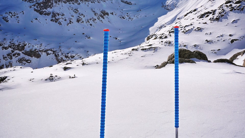 Two ski poles in a snowy landscape with a mountain in the background.