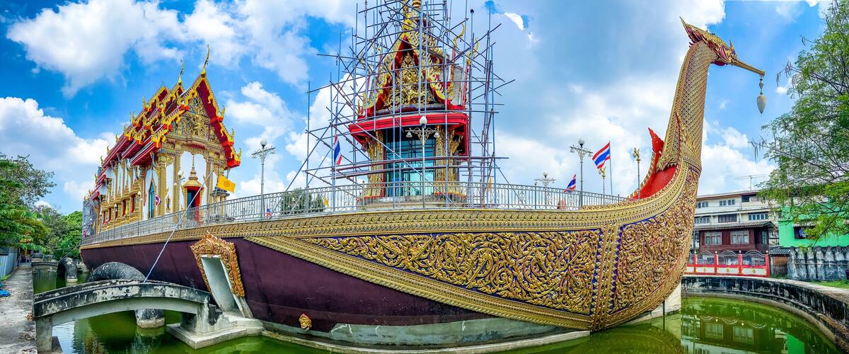 Wat Chalo boat temple on water in Nonthaburi, Thailand