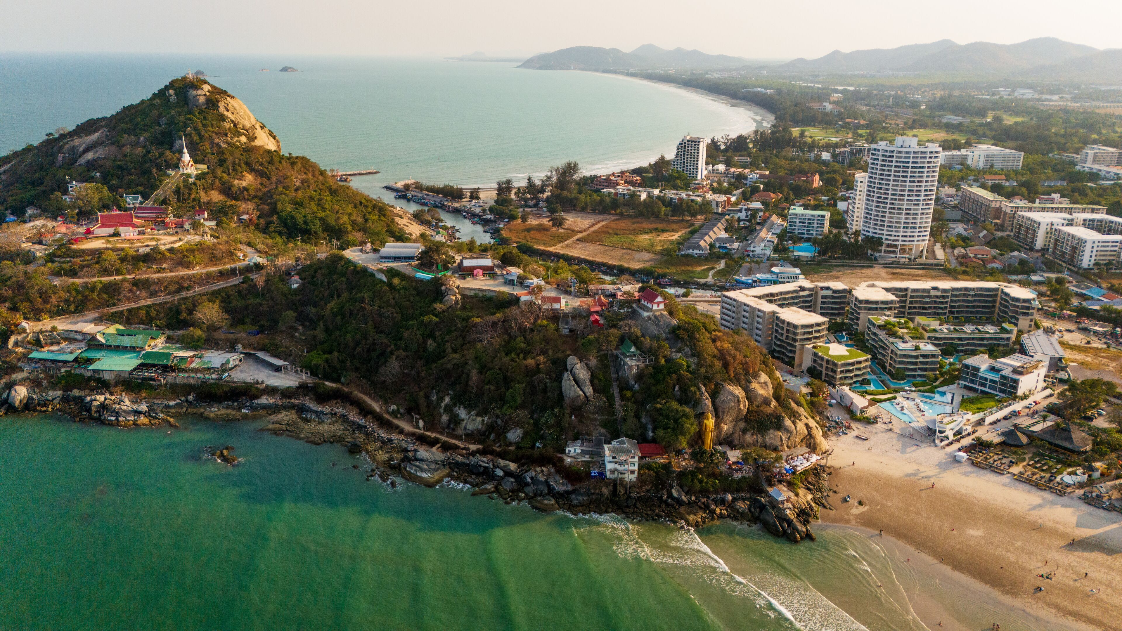Aerial of Hua Hin beach Thailand coastline at sunset tropical travel destination 