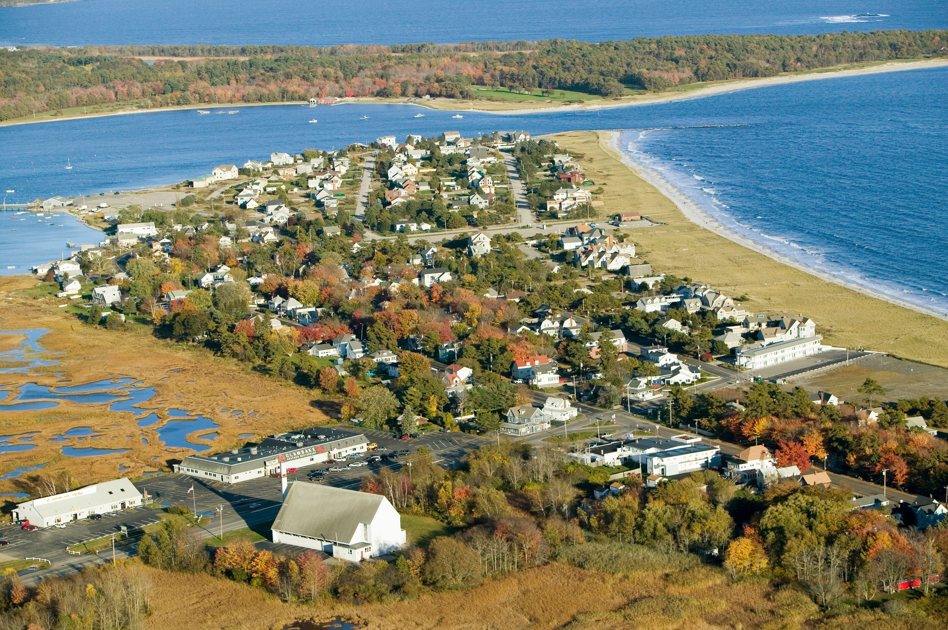 Aerial view of Pine Point Beach located in Scarborough, Maine, outside of Portland