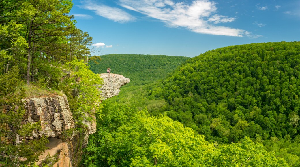 Tourist visitors couple taking pictures at Whitaker Point rock cliff hiking trail, landscape view, Ozark mountains, nwa northwest arkansas