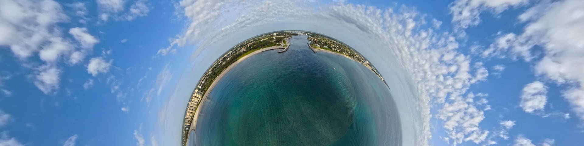 Tiny Planet Perspective: 360-Degree Spherical Aerial View of Jupiter Inlet, Coastline, and Ocean Waters, Florida