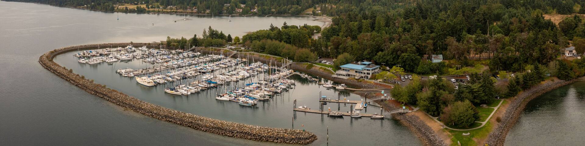 Aerial View of John Wayne Marina, Sequim, Washington. Sits on land donated by the famous actor’s family in recognition of his vision of a marina in the scenic Sequim Bay.