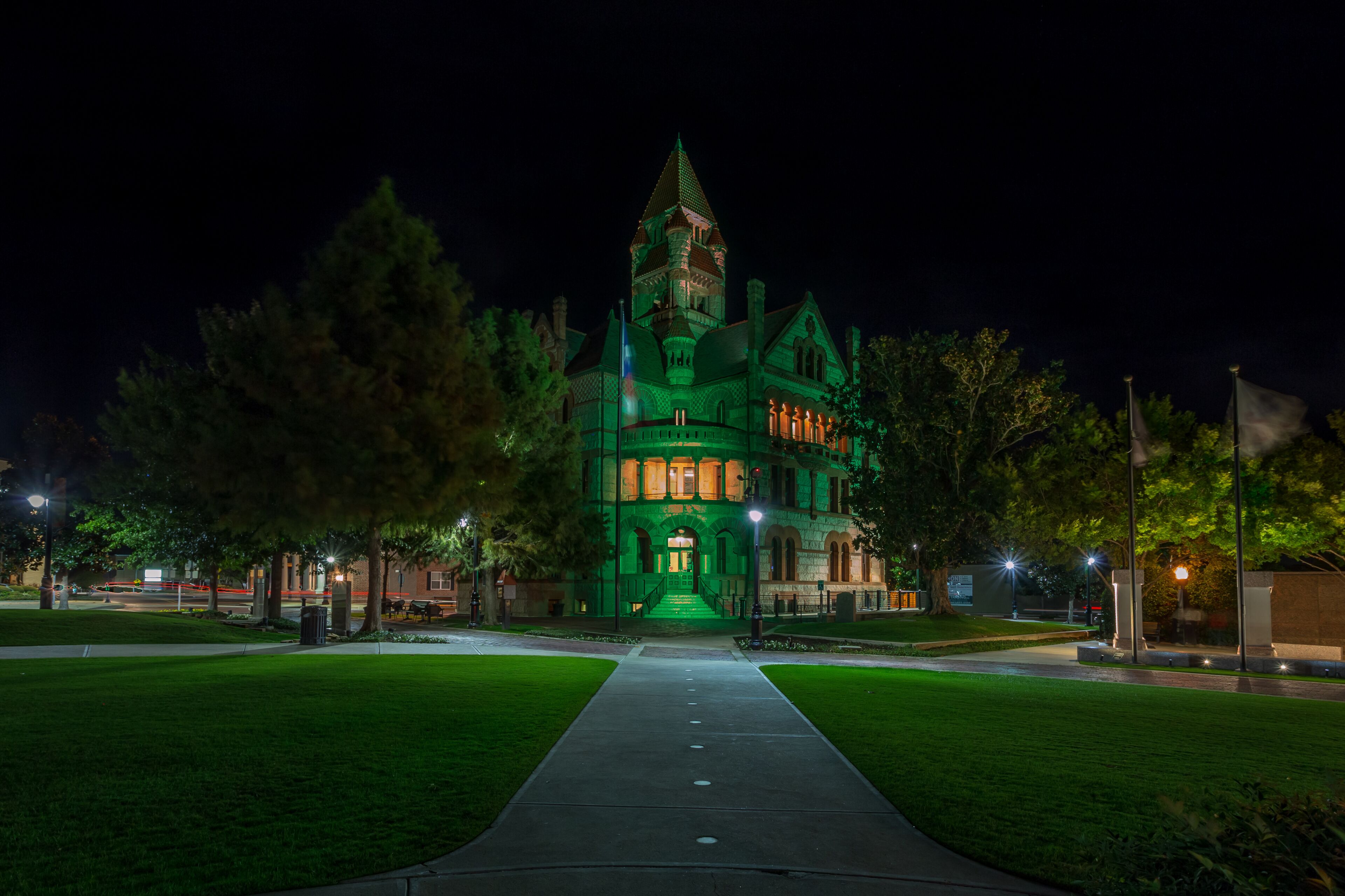 Beautiful historical courthouse in downtown of Sulphur Springs, Texas, illuminated at night