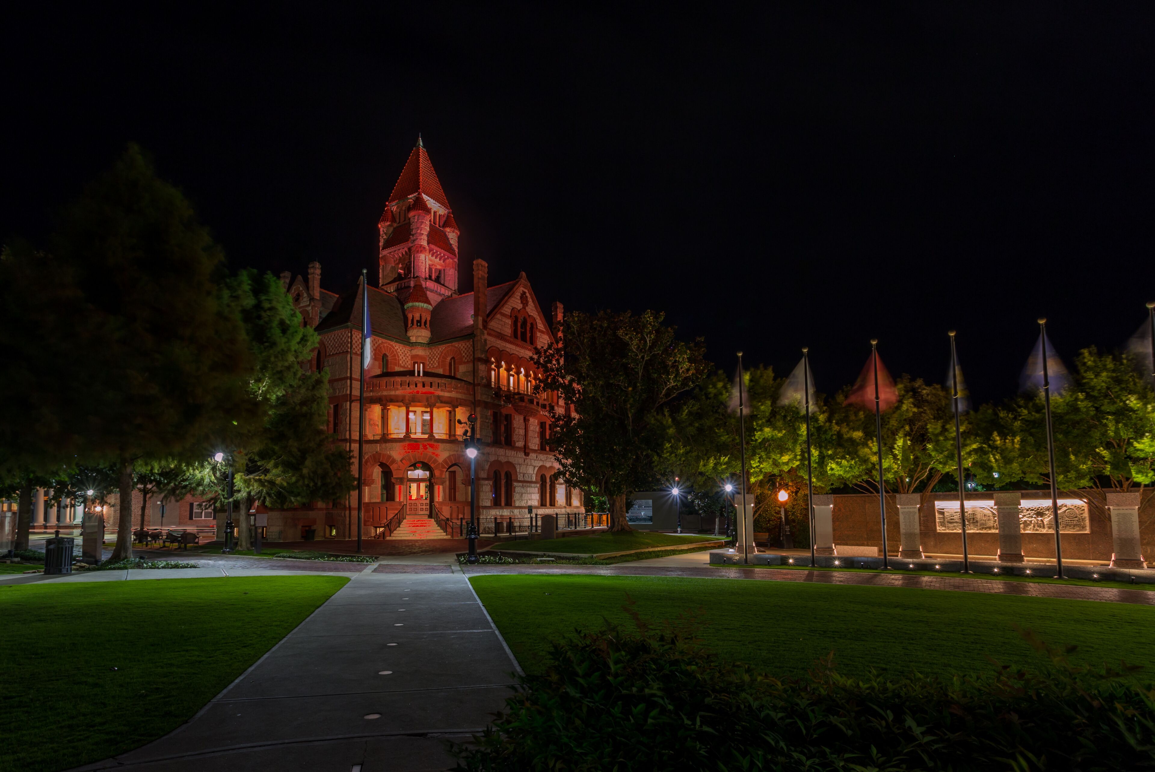 Beautiful historical Courthouse in downtown of Sulphur Springs, Texas. Building illuminated at dusk