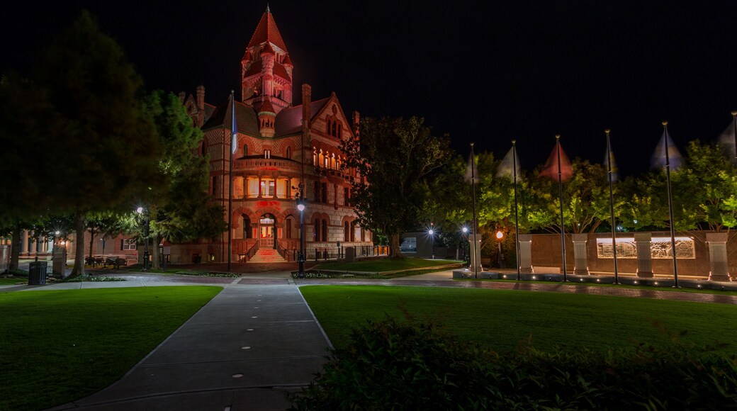 Beautiful historical Courthouse in downtown of Sulphur Springs, Texas. Building illuminated at dusk
