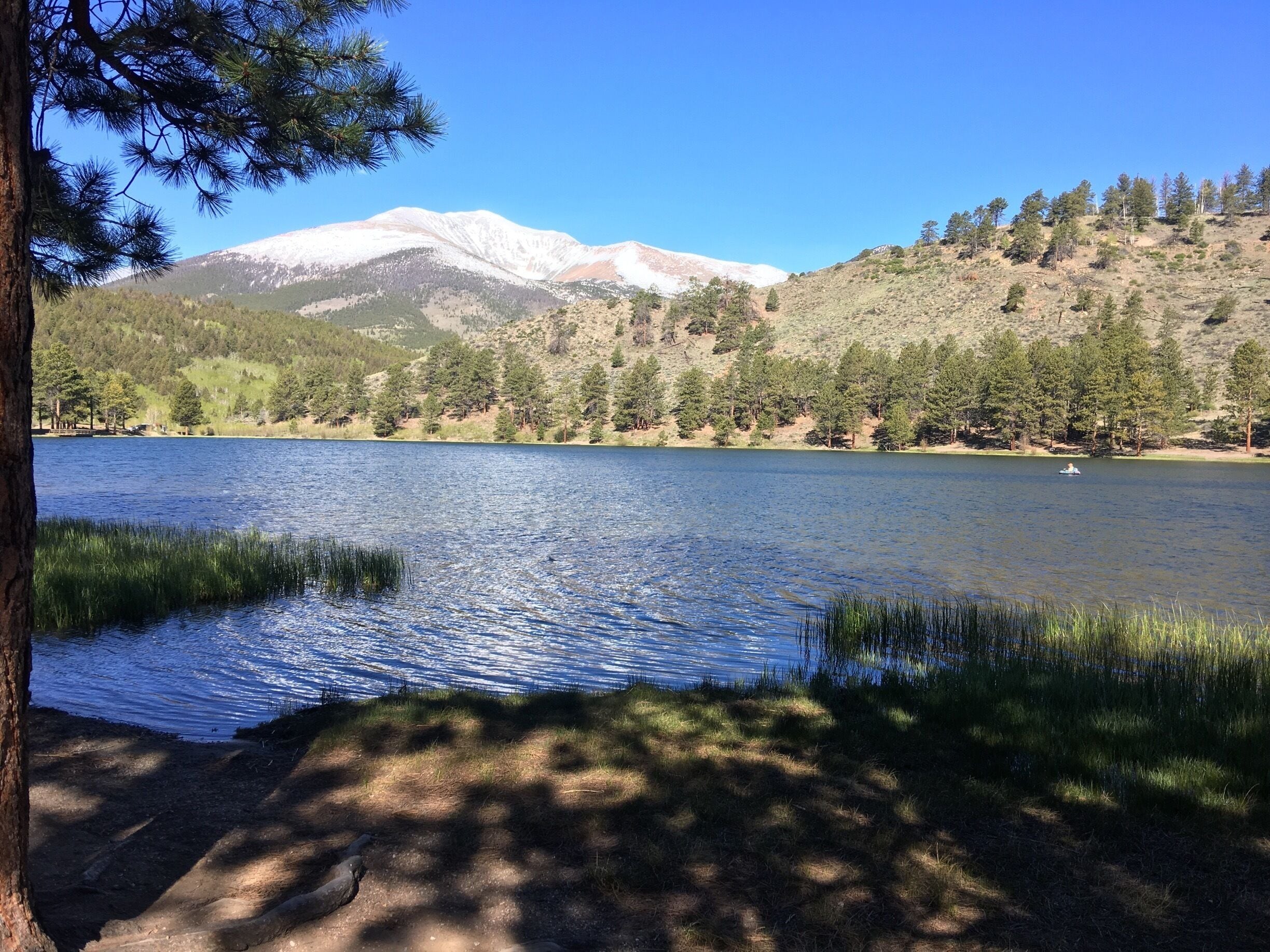 Beautiful lake. Hard to get to but glad we went. There was a man fishing on the lake. Had flippers on and wading boots in a raft. You may be able to see him on the lake to the right. 
