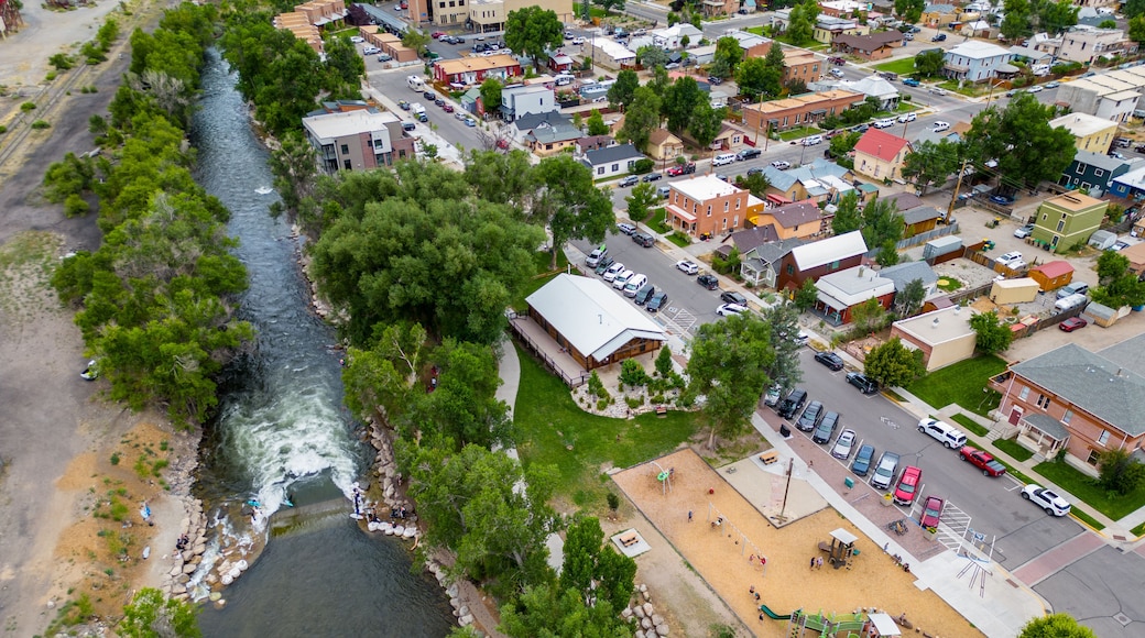 Aerial photo people surfing on the Arkansas River in Salida Colorado