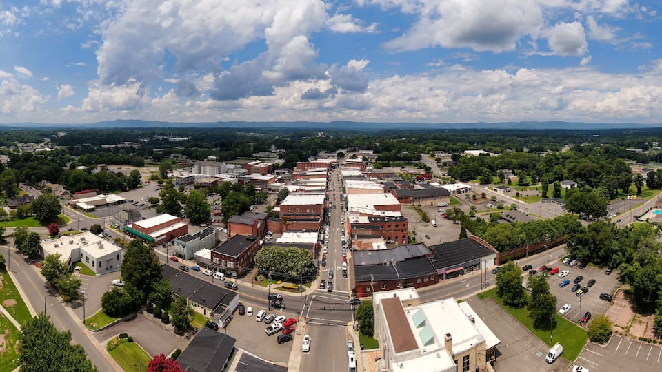 Day Time Drone Images of Downtown Mt. Airy North Carolina. This Town Served As The Inspiration For Mayberry On The Andy Griffith Show: Travel, Tourism, Outdoors