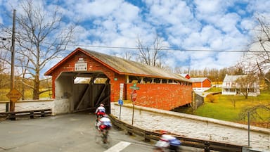 Guth's Covered Bridge in Whitehall PA, bicycle riders blurred to show motion
