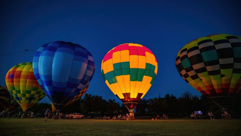 Multiple hot air balloons in a field at dusk.