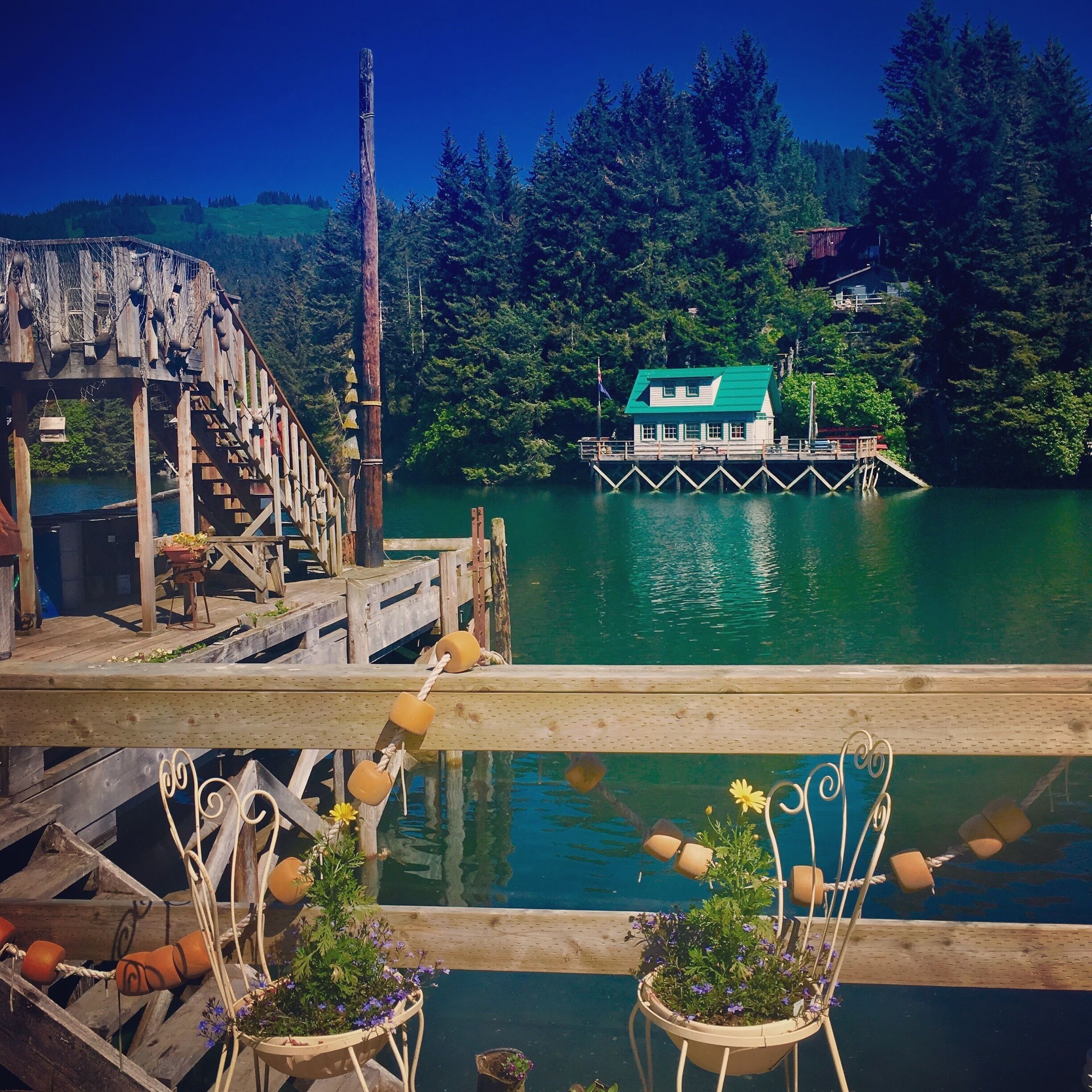 A wooden pier with a rustic staircase, a small house with a green roof, and a calm lake surrounded by dense forest.