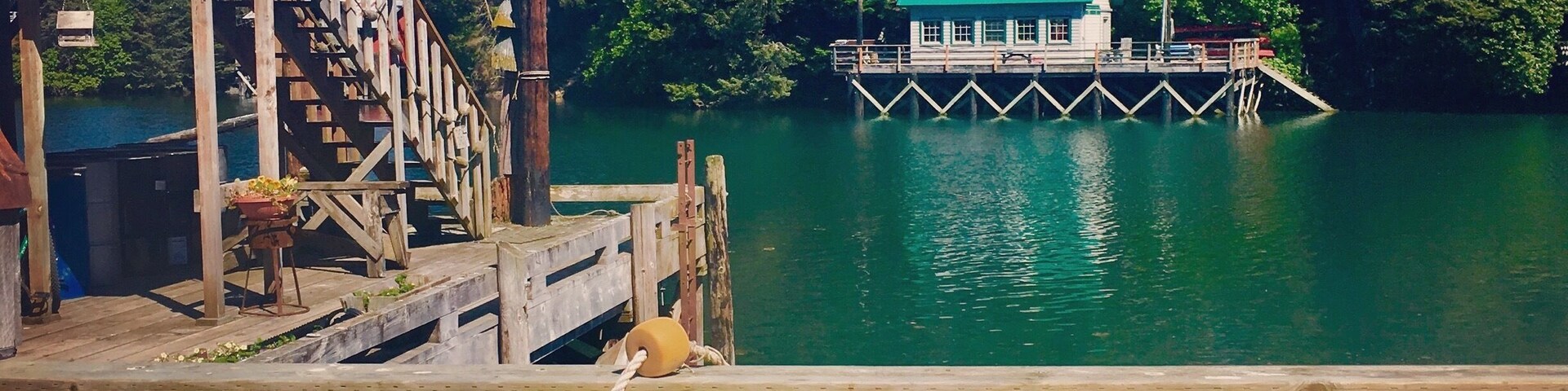 Un muelle de madera con una escalera rústica, una pequeña casa con techo verde y un lago tranquilo rodeado de bosque denso.