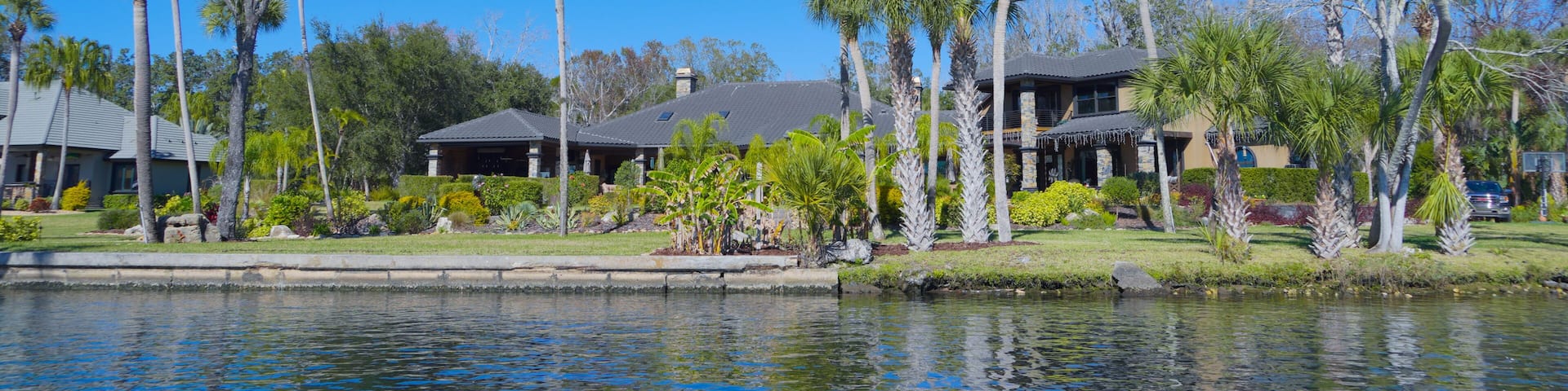 A residential area with a lake, palm trees, and houses with dark roofs.