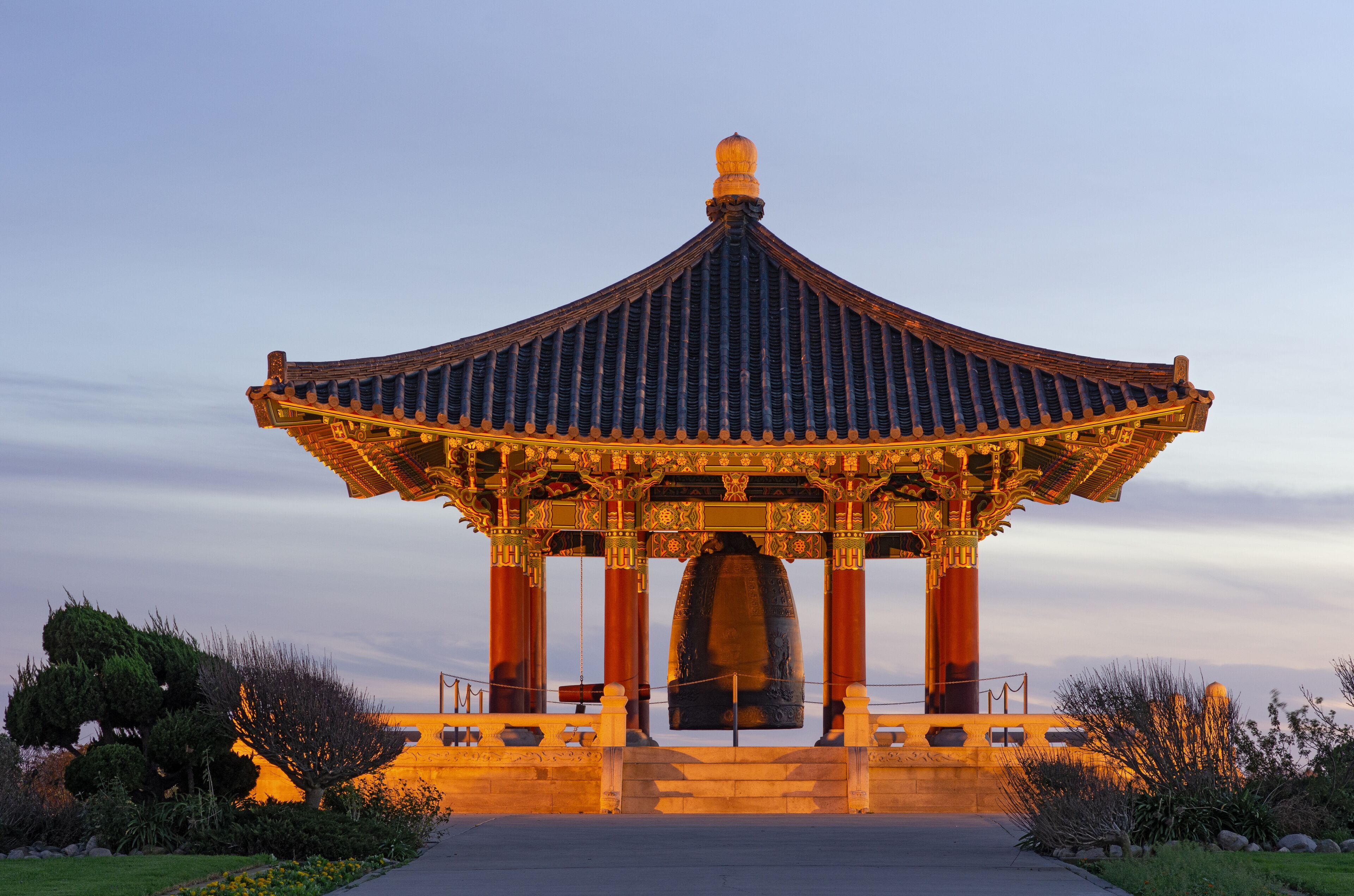 Korean Bell of Friendship and Bell Pavilion in San Pedro, California. The monument consists of a massive bronze bell housed in a stone pavilion located at Angel's Gate Park.