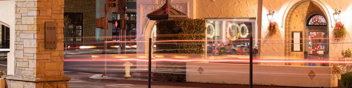Night time view of historic buildings in downtown San Carlos, California, USA.