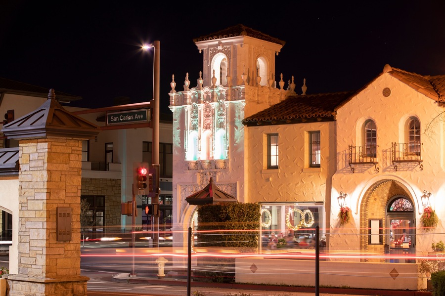 Night time view of historic buildings in downtown San Carlos, California, USA.
