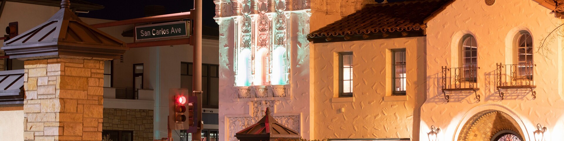 Night time view of historic buildings in downtown San Carlos, California, USA.