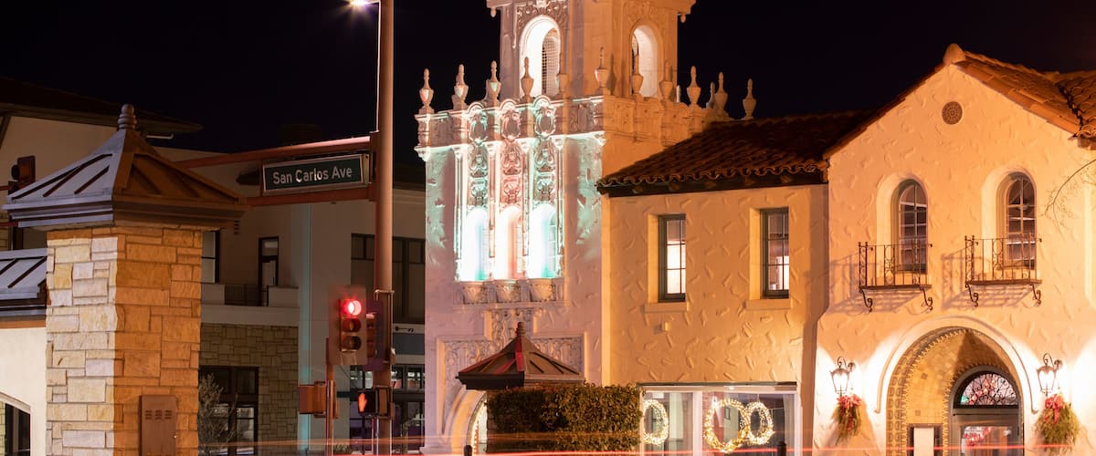 Night time view of historic buildings in downtown San Carlos, California, USA.