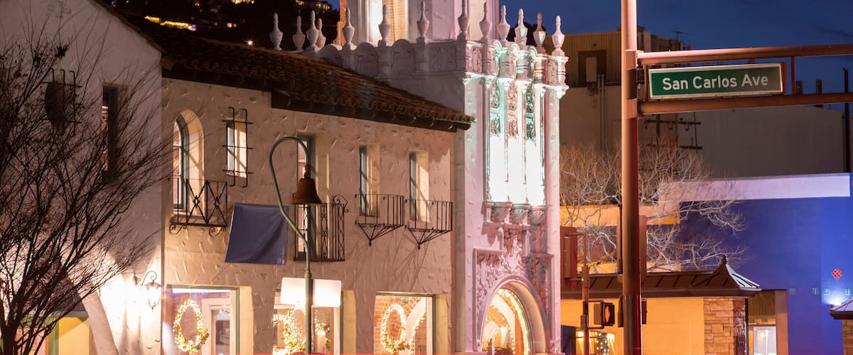 Night time view of historic buildings in downtown San Carlos, California, USA.