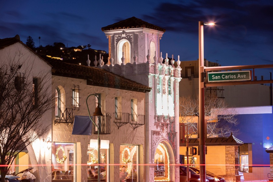 Night time view of historic buildings in downtown San Carlos, California, USA.