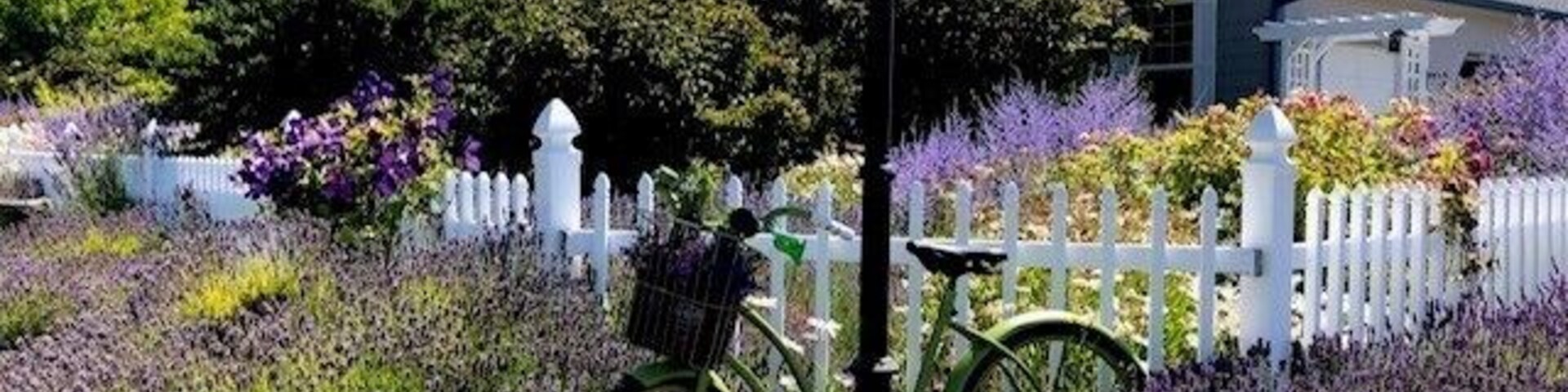 Un jardín con una bicicleta, una cerca de piquetes blancos y una casa al fondo.